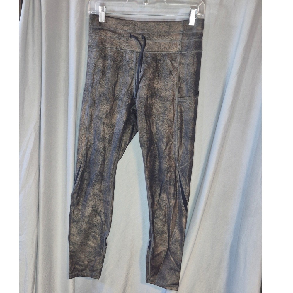 Zyia Active Metallic Copper Foil Capri Leggings Drawstring Pockets Mesh Size 6-8